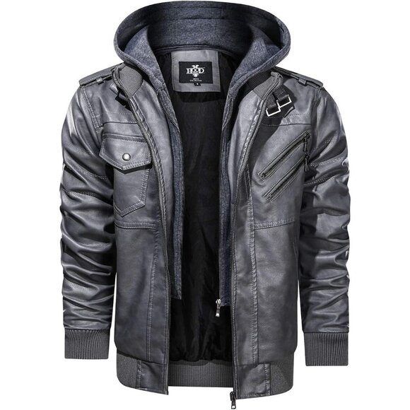 Men’s Grey Stand Collar PU Faux Leather Bomber Jacket With a Removable Hood - Picture 5 of 6